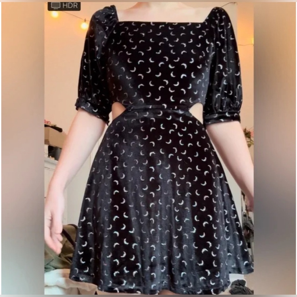 NWT Altar’d State Black Velvet Sparkle Crescent Moon Cut Out Dress Halloween